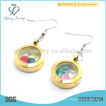 Latest design round gold plain 316l stainless steel floating locket earrings jewelry